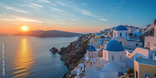 Santorini Thira island in southern Aegean Sea, Greece sunset. Fira and Oia town with white houses overlooking cliffs, beaches, and small islands panorama background wallpaper