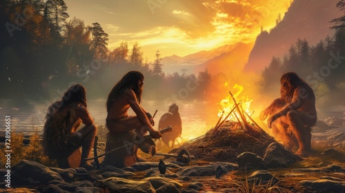group of cavemen next to a bonfire cooking animals outdoors in high resolution and quality. history concept