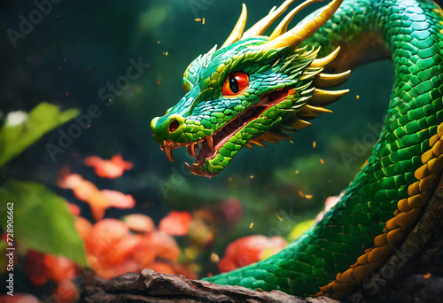 Serpentine Dragon. Dragon headed snake coiling in greenery of forest.
