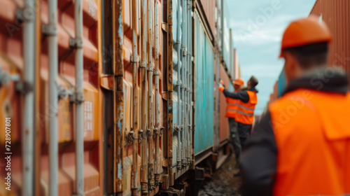 A group of workers in bright orange safety vests are inspecting a row of containers checking for any maintenance issues such as dents or rust. This image highlights the importance