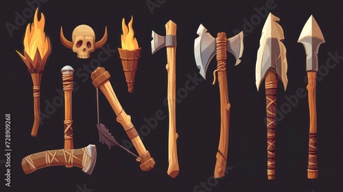 handmade illustration of a group of caveman weapons. concept history of weapons of the past