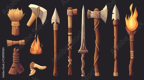 handmade illustration of a group of caveman weapons. history concept of weapons from the past in 3d on a white background and in high resolution and high quality, for designs or games