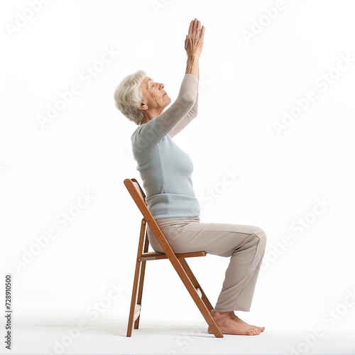  elderly woman is doing exercise on a chair yoga