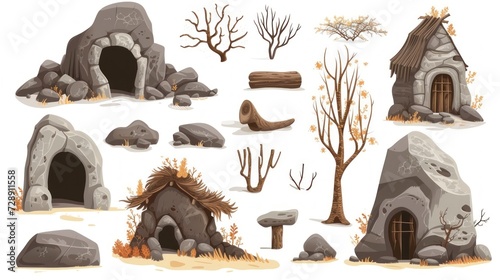 illustration group of caves and stones used with cavemen