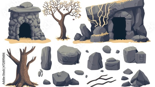illustration group of caves and stones, trees used with cavemen on white background