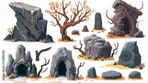 illustration of group of caves and stones, trees used with cavemen on white background in high resolution