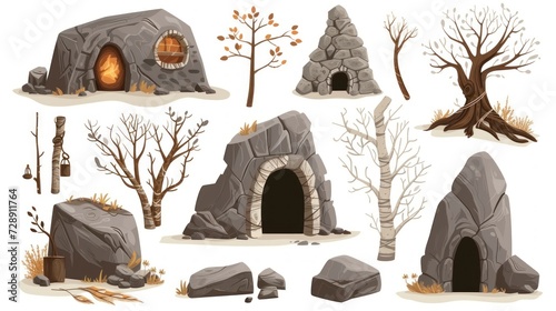 illustration of group of caves and stones, trees used with cavemen on white background in high resolution and high quality