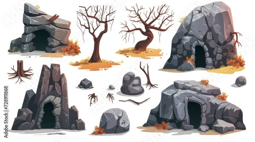 illustration of group of caves and stones, trees used with cavemen on white background in high resolution and high quality HD