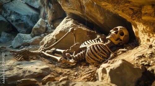 Human body bones in a cave, historical discovery, human body, human bones, real archeology in high resolution and high quality. concept buried human bones, real discovery