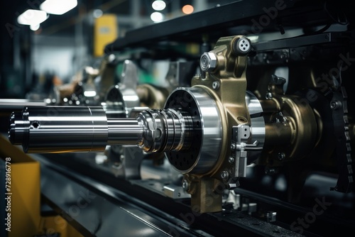 Close-up shot of a shiny, new steering rack set against a backdrop of industrial machinery in a well-lit automobile factory