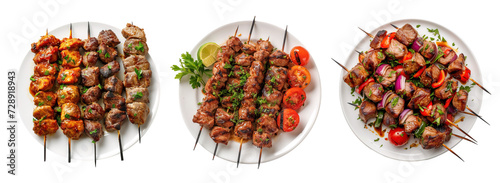 Top view of kebabs skewers of marinated meat and some veggies over isolated transparent background