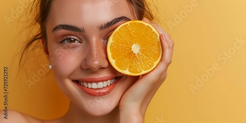 Vitamin C for skin. Closeup Beautiful young woman with juicy orange , cosmetic and dermatology. Facial results, health and wellness of aesthetic model person happy with vitamin c fruit idea