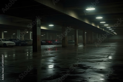 A dark parking garage with cars parked in it. Generative AI.
