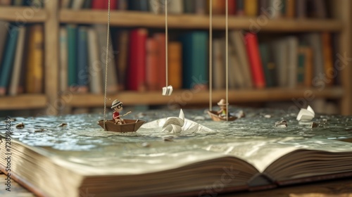 Cartoon scene At the Lilliputian Library mini bookworms are diving into their favorite stories while floating on paper boats in a miniature pool of ink. One adventurous