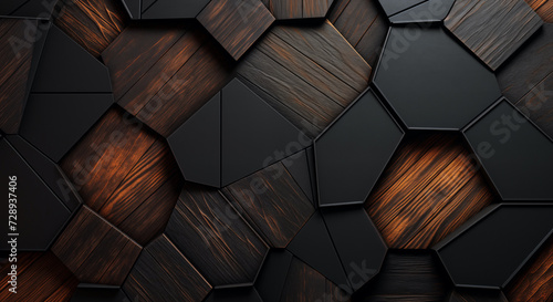 background image of a textured wall with wooden geometric polygonal shapes protruding out in a 3d high-end wall art installation