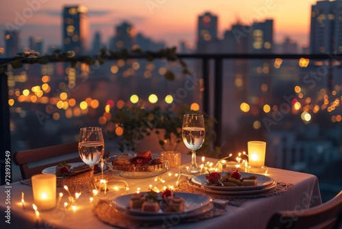 Romantic dinner on the balcony with a view of the city.