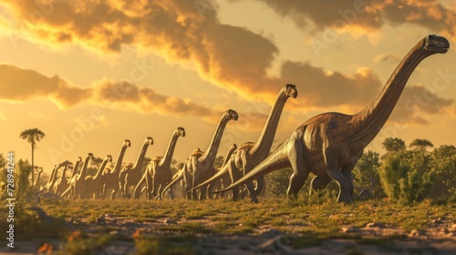 In the distance a large herd of Brachiosaurus move in unison through the savannah their size and grace a reminder of the prehistoric giants that once roamed this land.