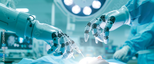 An automated robot with arms performs surgery on a human in the operating room. Artificial intelligence replaces surgeons