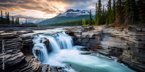 waterfall in yosemite, Waterfall with long exposure during the sunrise in jasper national park canada, Athabasca fall with cloudy day in spring, alberta, Generative AI