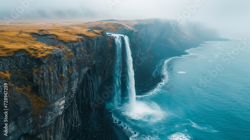 A dramatic waterfall plunging into the ocean from a high cliff on the coast of Iceland