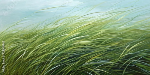 Whispering grasses, with flowing lines and shades of green, capturing the gentle sway of grass in the wind