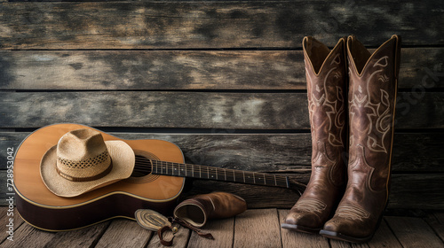 Cowboy boots and cowboy hat on wooden background