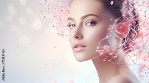 A beautiful woman portrait serum molecules structure on the face, pink tone colour light on pink background. Copy space, banner. Advertising style
