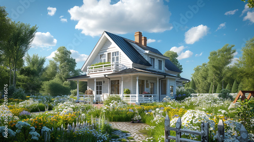 A charming detached house with a wrap-around porch, surrounded by wildflowers and a white wooden fence, in the countryside