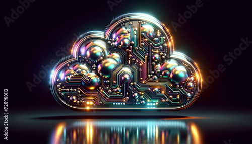 Abstract metallic cloud database with iridescent colors and digital-inspired motifs.