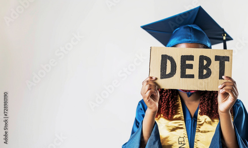 student hold a paper cardboard box written debt. students loan issue. white background.