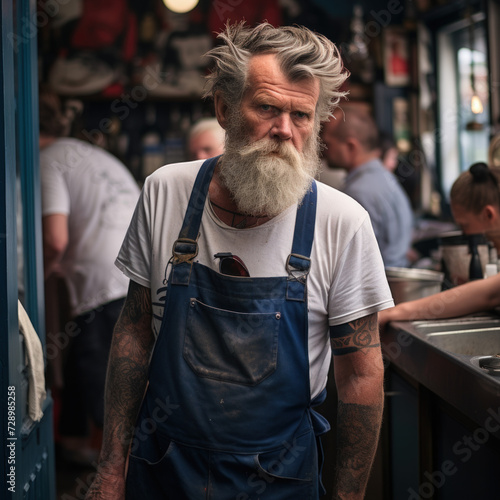 A bearded man with tattoos wearing a blue apron stands in a busy market setting conveying a sense of rugged individualism