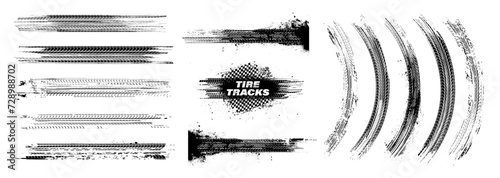 Tire tread marks, isolated wheel texture, tire marks - drift, rally, races, off-road, motocross. Vector isolated texture with grunge effect, splashes. Black monochrome tread prints. Vector graphic set