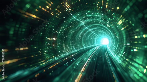Green light beams through an abstract tunnel, creating a sense of high-speed movement and futuristic energy. Green vibrant high-speed voyage