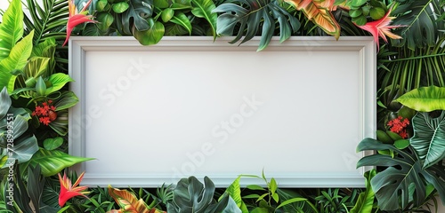 An empty frame mockup with a vibrant, tropical foliage border, adding an exotic touch to a bright interior.