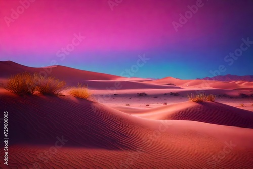 An alien desert landscape with ever-shifting dunes and vibrant, otherworldly flora
