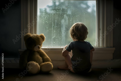 A kid sitting with bear doll alone waiting for parent to come home.