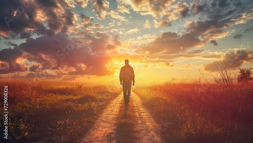 Man walking on a deserted road at sunset. Search for self concept.