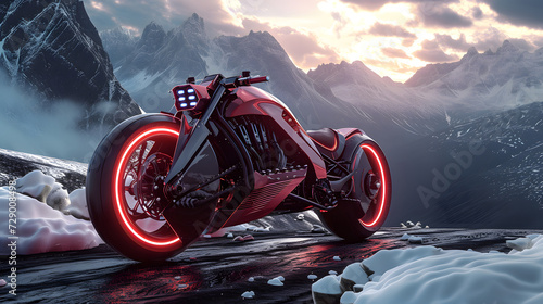 Futuristic Bigbike high technology in the future with modern design at the snow mountain, fulistic style