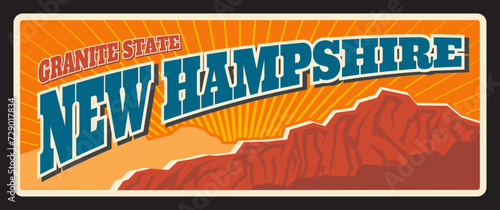 New Hampshire american granite state, vintage travel plate. Vector tin plaque, sign for tourist destination, retro board, antique signboard typography. Touristic Concord capital, Manchester city