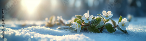 White flowers sprouting amid melting snow during the spring season, a serene and picturesque garden landscape, transitioning from winter to spring.