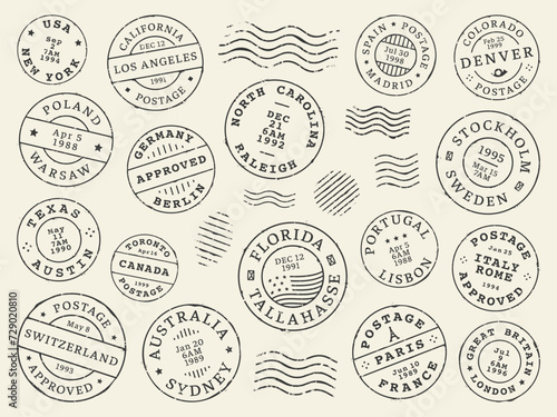 Postage and postal stamps and mail post labels, country vintage letter or postcard vector icons. Retro postage or postmark stamps with date seal from New York, Australia Sydney or Texas and California