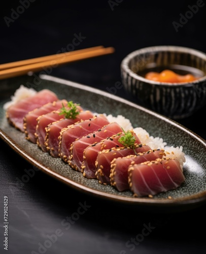 A plate with tuna and chopsticks on it. Generative AI.