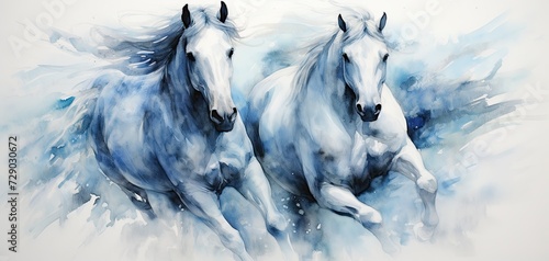 A white watercolor sketch of a pair of blue horses