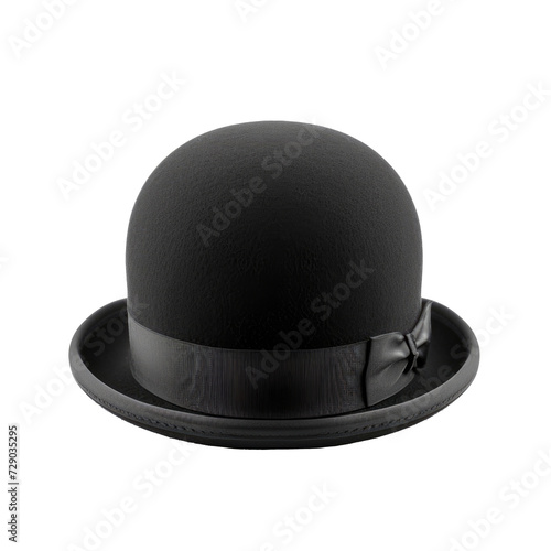 Black vintage bowler hat isolated on transparent background.