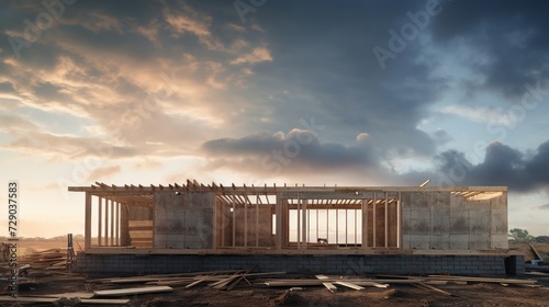 Emerging structure of a house mid-construction against a cloudy sky