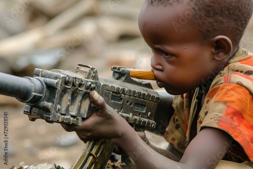 A child uses a toy hammer to dismantle a war machine gun, symbolizing the hopeful message that even symbols of destruction can be disarmed through determination and the desire for peace