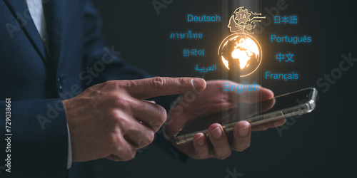 Automatic translation system concept, Translator app. businessman use smartphone for artificial intelligence technology helps translate worldwide languages.