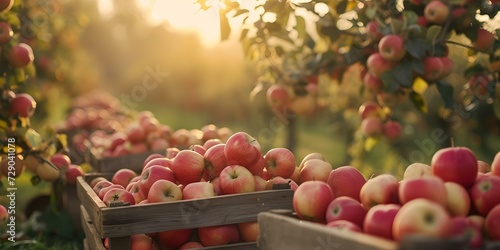 Bountiful apple harvest in rustic orchard at sunset. wooden crates overflowing with fresh fruit. ideal for farming and autumn themes. AI