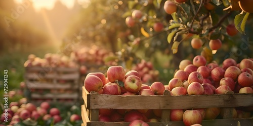 Sunset at an apple orchard with ripe fruits ready for harvest. wooden crates filled with fresh apples nature's bounty. rustic agricultural setting. AI