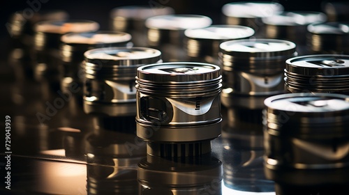 Precision engine pistons up close, with a warm light casting shadows, set in a somber scene